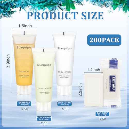 4-IN-1 Hotel Toiletries Bulk Set (200PCS) 4-Piece Set: 50 Hotel Bar Soap 0.5oz, 50 Hotel Shampoo, 50 Conditioner Travel Size, 50 Hotel Body Lotion - Bulk Mini Guest Amenities