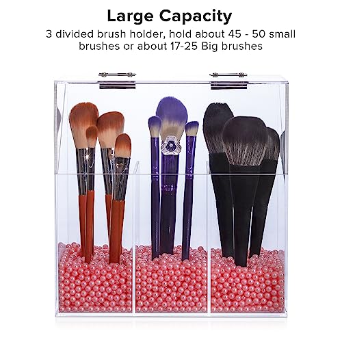 Acrylic Makeup Brush Holder with Lid - Clear Cosmetic Makeup Brush Organizer and Storage Box with Cover for Vanity - Large Capacity 3-Slots Container for Brushes (Clear)
