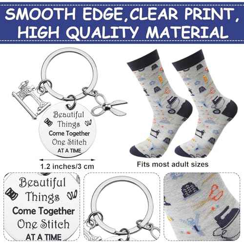 Abbylike 5 Pcs Sewing Gifts for Seamstress Women Gifts Canvas Bag Cosmetic Bag Quilting Coffee Mug Socks 11 oz Cup Quilter Keychain Funny Presents for Mom Quilters Sewing Lovers(White,Classic)