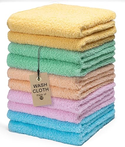 Textila Cotton Terry Washcloths Set – 12x12 Inch, 10-Pack Multicolor