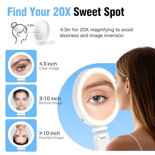 Travel Lighted Makeup Mirror 20X/1X | Foldable Handheld with 3 Color LED, Rechargeable