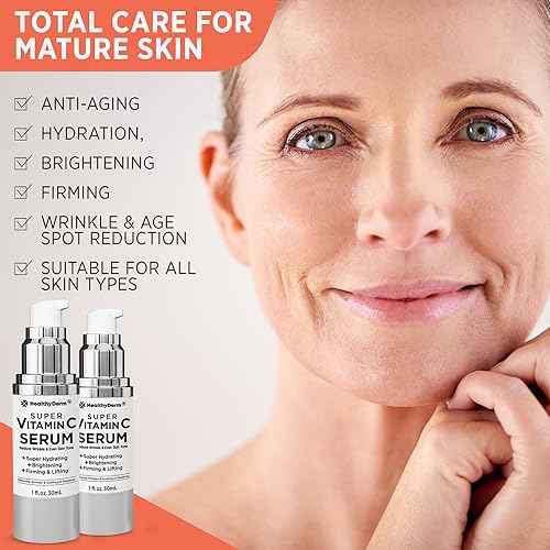 Super Vitamin C Serum for Women Over 70: Niacinamide, Vitamin C, Hyaluronic Acid, Peptides, Vitamin E, Caffeine, Bakuchiol, Hydrating, Lifting, Wrinkle & Age Spots Reduction Pack of 2