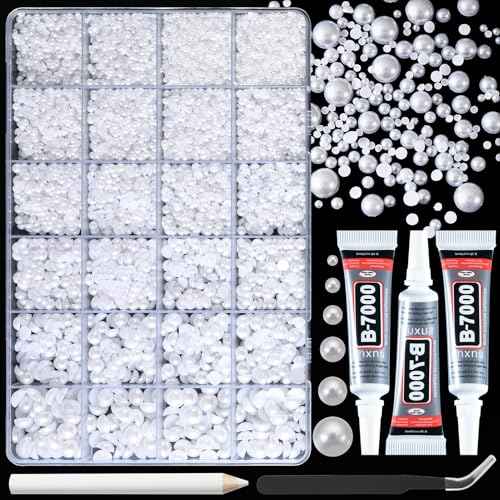 14000 Pcs Flat Back Pearls for Crafting with B7000 Glue White Half Pearl Beads for Jewelry Making Beads for Nails Party Face Clothes Shoe Balloon Birthday Decorations Cup DIY 2/3/4/5/6/8mm