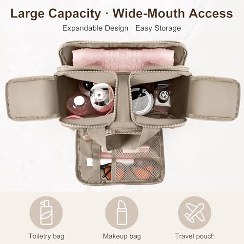 Brown Travel Makeup Bag with Hanging Hook Waterproof Organizer for Women