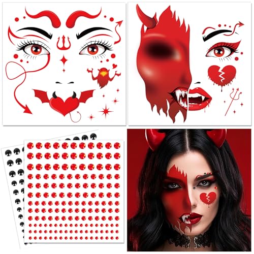 Red Devil Face Temporary Tattoos with Diamond Stickers - 4 Sheets