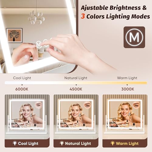 Vanity Mirror with Lights, 24"x20" Hollywood Lighted Makeup Mirror for Tabletop & Bedroom 3 Color Lighting Modes Smart Touch Control 360¡Æ Rotation Detachable