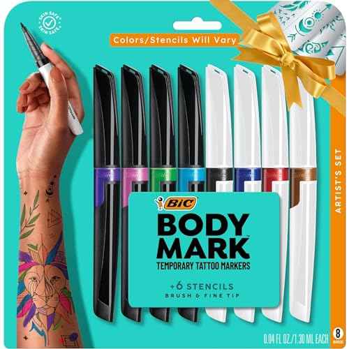 BIC BodyMark Temporary Tattoo Markers for Skin, Color Collection, Flexible Brush Tip, Assorted Colors, Skin-Safe, Cosmetic Quality (Pack of 6, 48 Count Total)