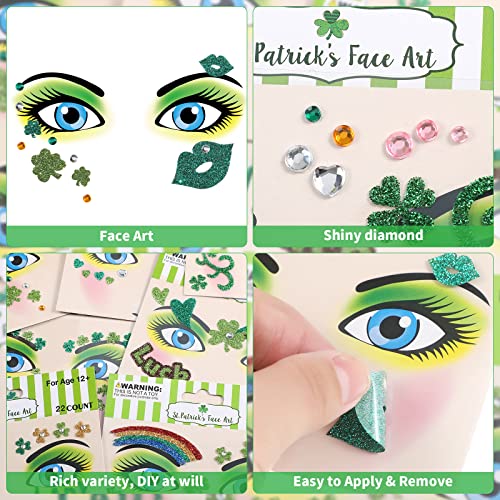 St. Patrick's Day Face Stickers, 9 Sheets Glitter Rhinestone Shamrock