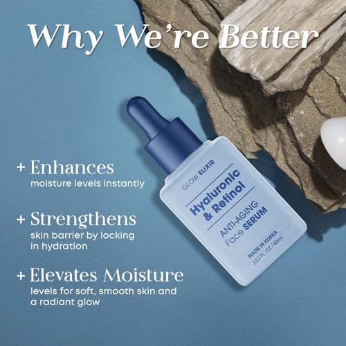 Glow Elixir Retinol Serum for Face with Hyaluronic Acid ? Hydrating Anti-Aging Face Serum for Wrinkles Fine Lines & Uneven Skin Tone ? Dermatologist Tested Korean Skin Care ? Clean Beauty ? 2.02 Fl Oz