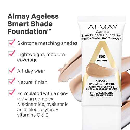 Almay Anti-Aging Foundation, Smart Shade Face Makeup with Hyaluronic Acid, Niacinamide, Vitamin C & E, Hypoallergenic-Fragrance Free, 200 Light Medium, 1 Fl Oz (Pack of 1)
