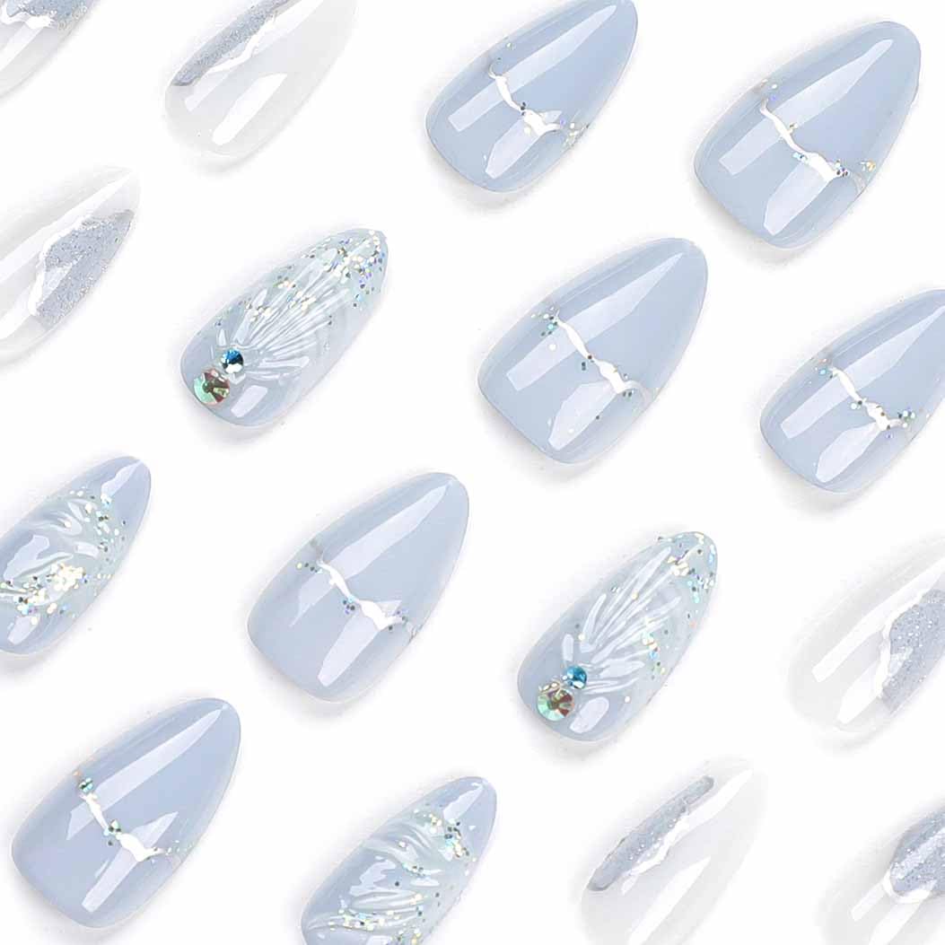 RikView Long Press on Nails Almond Fake Nails with 3D Design Blue Nails Glossy Full Cover Nails for Women 24 PCS