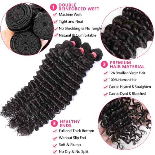 12A Deep Wave Human Hair Bundles 24 26 28 Inch Brazilian Curly 3 Bundles Human Hair 100% Unprocessed Virgin Wet and Wavy Hair Weave 1B Black