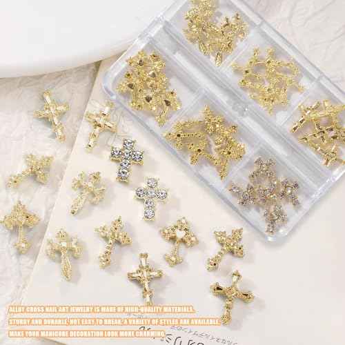 3D Cross Nail Charms for Nail Art, 60 Pcs Metal Crystal Cross Nail Decorations, Alloy Nail Studs and Rhinestones for Women Girl DIY Jewelry Crafts Supplies (Gold)