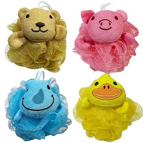 (4 Pack) Lovely Animal Design Kids Exfoliating Bath Scrubber Body Scrubber Shower Ball for Baby Toddler Kids Gentle Exfoliating Bath Sponge Loofah Pouf in Colorful Design (Joyful TERRICOLE)