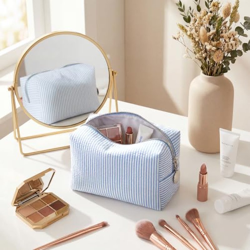 6-Pack Light Blue Seersucker Makeup Bags Set