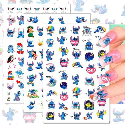 12 Sheets Blue Monster Nail Stickers Decals 3D Cartoon Pink Blue Animal Self Adhesive Nail Design Stickers Supply Cute Blue Animal Flowers Heart Nail Decals for Women Girls and Kids DIY Manicure