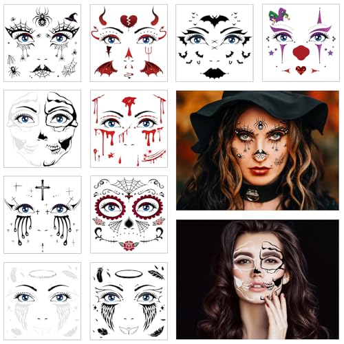 Halloween Face Tattoos Stickers - 10 Sheet Set