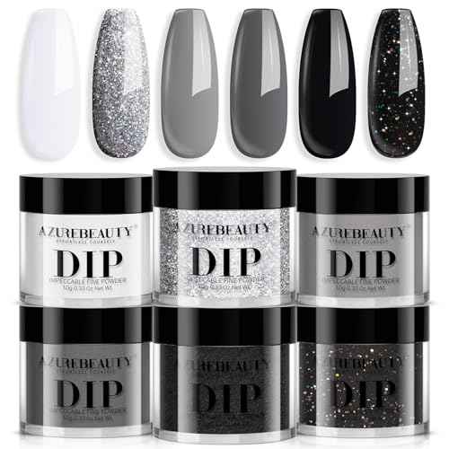 AZUREBEAUTY Dip Powder Nail Basic Set White Black Silver Grey Pure Sparkle 6 Colors All Seasons Dipping Powder Starter Kit French Nail Art Manicure DIY Salon for Women, No Need Nail Lamp Cured