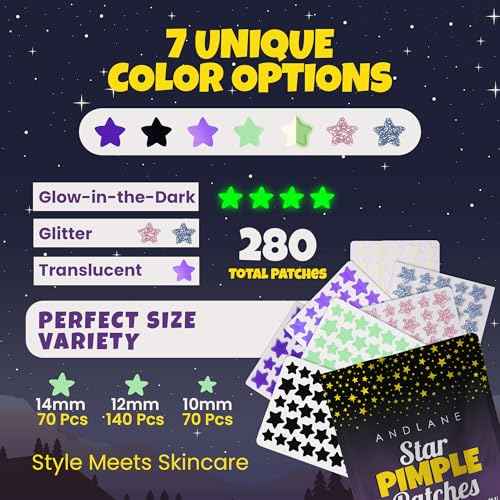 280Pcs Star Pimple Patches for Face - Pimple Patches Cute Stars - Hydrocolloid, Salicylic Acid, Tea Tree Oil, Centella - Glitter, Regular, Glow in the Dark, Translucent 7 Colors, 3 Sizes Zit Stickers