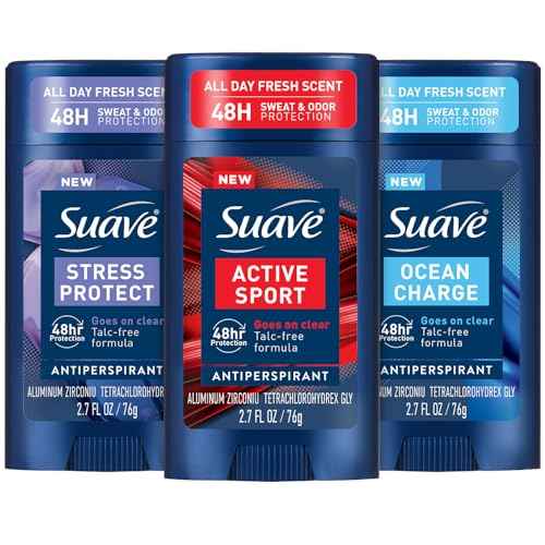 Suave Antiperspirant Deodorant for Men Variety 3-Pack ? Invisible Solid Active Sport, Ocean Charge & Stress Protect Antiperspirant Sticks, 48H Sweat & Odor Protection, 2.7 Oz Ea