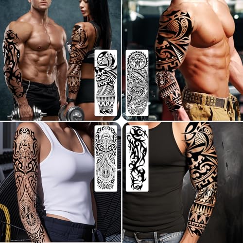 6 Sheets Full Arm Temporary Tattoos, Large Black Totem Tattoo Sleeves, Realistic Fake Tattoos for Men and Women, Waterproof and Long Lasting Tribal Tattoo Stickers for Cosplay, Parties, and Halloween