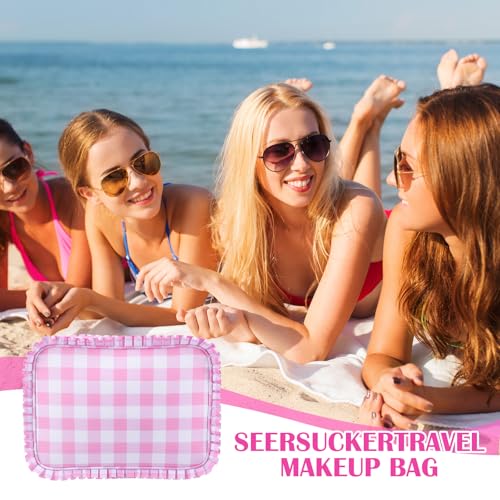 Large Pink Gingham Ruffle Makeup Bag - Stylish Travel Organizer