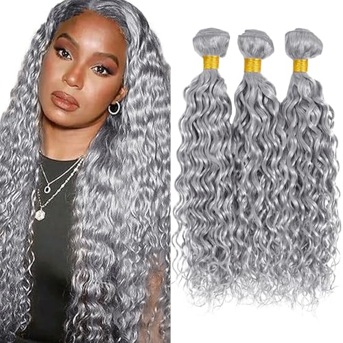 Fridnae Silver Grey Water Wave Human Hair Bundles 26 28 30 Inch - GreyWT 150g
