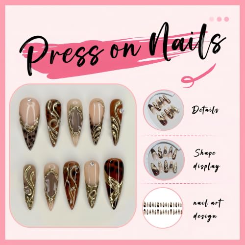 Y2K Gold Line Press-On Nails with Rhinestones & Leopard Print for Women