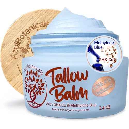 Copper Peptide GHK-Cu & Methylene Blue Infused Whipped Grass Fed Beef Tallow Balm, Anti-Aging, Fine lines, Wrinkles, Eczema, Acne, Full body moisturizer, All skin types, With Organic Ingredients 3.4oz