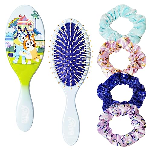 Bluey Detangling Brush and 4 Elastic Scrunchies Hair Accessory Set for Kids - Ages 3+