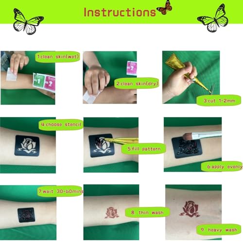 Temporary Tattoo Stencils Kit - 12 Sheets, 78 Designs, 6 Cones