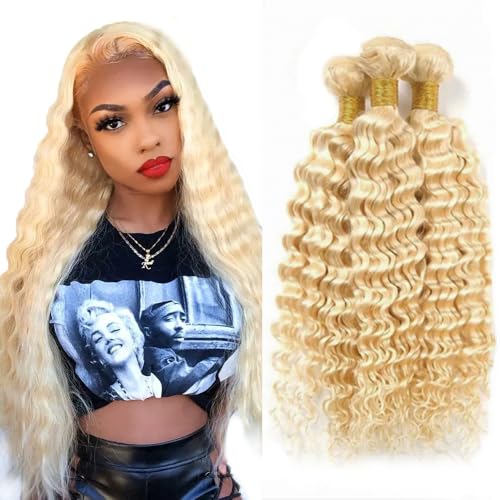Freiuoke 613 Blonde Deep Wave Human Hair Bundles - 3 Pack, 20-24 Inch