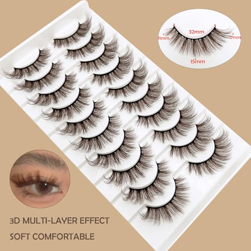 Brown Eyelashes Natural Look Dark Brown False Lashes Wispy Faux Mink Lashes Fluffy Fake Lashes 3D Strip Evelashes Pack 10 Pairs(MQ607)