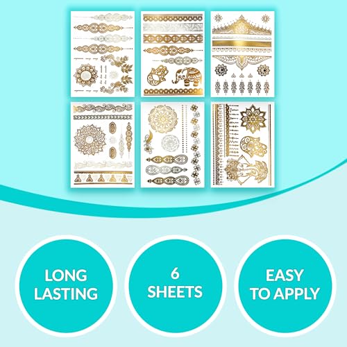 Terra Tattoos Gold Metallic Temporary Tattoo Sheets - 75+ Designs