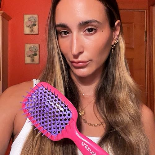 FHI Heat UNbrush Detangling Brush for Pain-Free Brushing on All Wet or Dry Hair Types — Durable DuoFlex Anti-Static Bristles, Lightweight Handle, Vented Hair Brush, Pink Burst