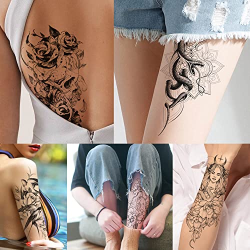 GLARYYEARS Temporary Tattoo for Adults, 24-Pack Large Creative Realistic Tattoos, Black Design Variety Pack Fake Tattoo Stickers for Women Men Body Arm, Long-lasting Snake Skull Tattoos for Halloween