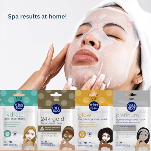 MISS SPA Face Mask Skin Care, Facial Sheet Mask for Women, Hydrating Moisturizing Skin Care Products, Anti-aging Face Mask, Dermatologsit Tested, 4 Pack (Hydrate, 24K Gold, Glow, Platinum Sheet Mask)