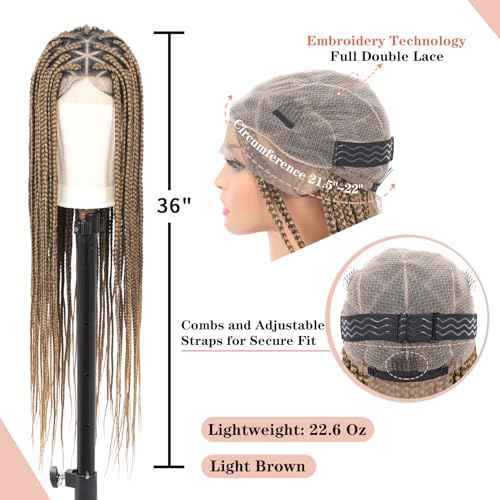 Lexqui 36" Braided Wigs for Black Women Triangle Knotless Braided Lace Front Wigs Box Braid Wig Full Double Lace Front Braided Wig with Baby Hair Light Brown Synthetic Hair