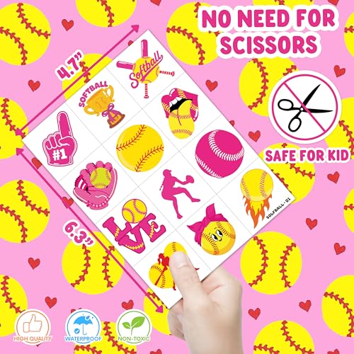 96 PCS Softball Sports Pre-Cut Temporary Tattoos for Kids | Super Cute Softball Themed Birthday Party Favors, Supplies, Decorations, Fake Tattoo Stickers, School Rewards & Gifts Boys & Girls, Carnival