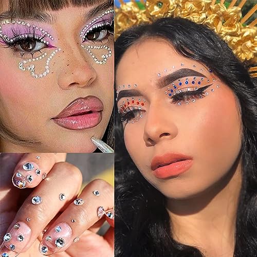 3584 PCS Self Adhesive White Pearl Clear Rhinestones Face Gems, Flat Back Bling Jewels Temporary Stickers for Makeup Face Eye Hair DIY, Rainbow&Transparent Rhinestones