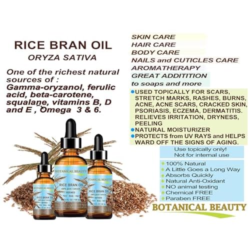 Botanical Beauty RICE BRAN OIL 100% Pure Natural Refined Undiluted Cold Pressed Carrier Oil for Face, Skin, Body, Hair, Massage, Nails. (4 Fl Oz)