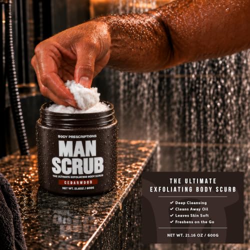 Body Prescriptions Men’s Exfoliating Body Scrub Cedarwood 21 oz – All Skin Types, Twist-Top Jar