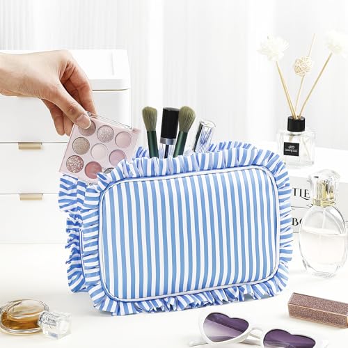 Kigeli Large Ruffle Makeup Bag - Waterproof Nylon Cosmetic Pouch
