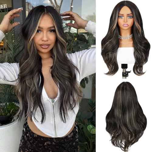 Quantum Love Long Curly Wig for Women Long Wavy Middle Part Black Mix Brown Wigs 28Inch Natural Looking Synthetic Fashion Brown Color Hair for Cosplay Halloween Daily Party Use