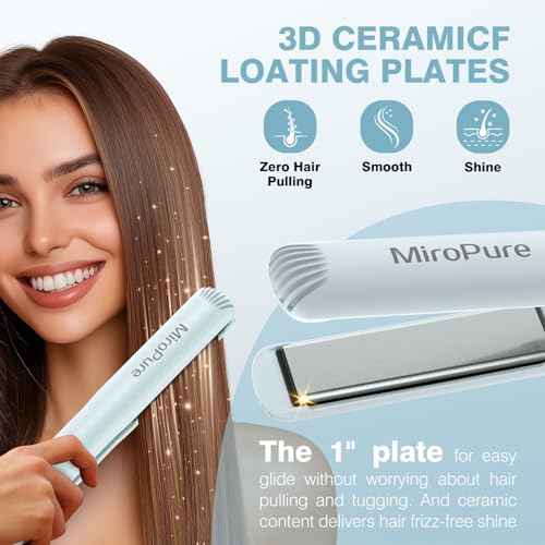 MiroPure 1 Inch Flat Iron, Hair Straightener with 30S Fast Heating & 60min Auto Shut-Off, Hair Straightener and Curler 2 in 1 with 3D Ceramic Floating Plates, Blue