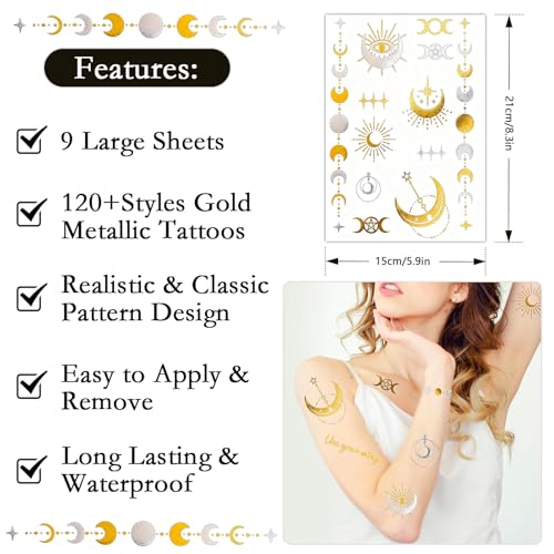 Konsait 9-Sheet Metallic Temporary Tattoos - Gold & Silver Designs
