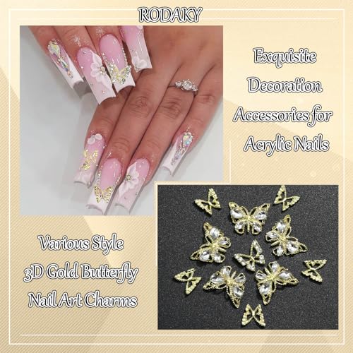 RODAKY 30PCS Butterfly Nail Charms Gold Butterflies Nail Art Jewelry 3D Butterfly Nail Gems Rhinestone for Nails Manicure DIY Accessories for Women and Girls