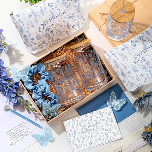 48 Pcs Bridesmaid Gifts Proposal Bulk Something Blue Crew Gift Blue Hair Scrunchies Proposal 16 Oz Glass Cup Makeup Bag Butterfly Clips Card Envelope Pen for Bachelorette Bridal Shower Decor