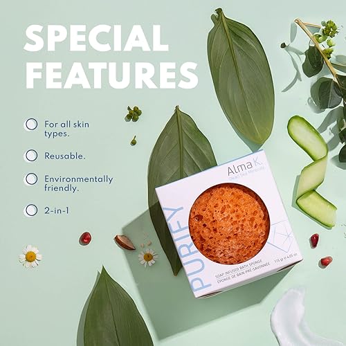 Alma K Soap Infused Bath Sponge - Bath & Shower Loofah for Women - Exfoliating Body Scrubber with Sweet Almond and Aloe Vera - White Tea and Neroli Scent - Use 20 Plus Times - 4.05 oz