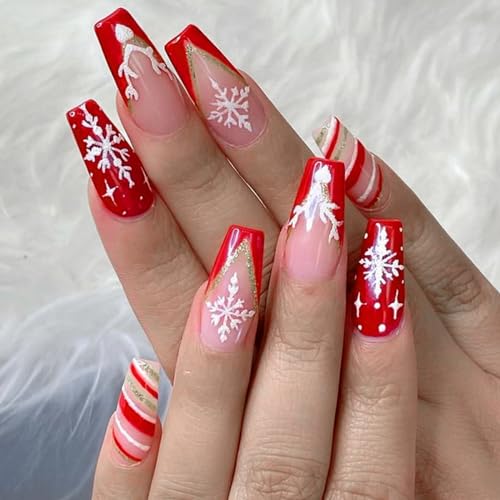 24Pcs Christmas Press on Nails Fake Nails with French Snowflake Design Red and White Coffin False Nails Xmas Snowflakes Manicure Acrylic Artificial Full Nail Tips for Women Glitter Nail Art Decoration